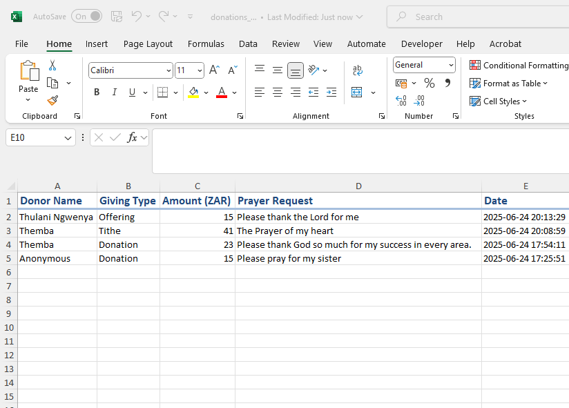 Excel Export Screenshot